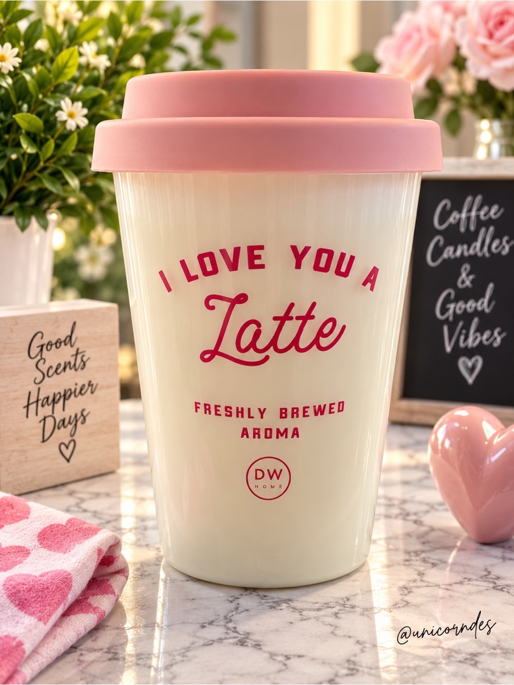 DW Home I Love You a Latte Candle Strawberry Vanilla Coffee Cup Candle